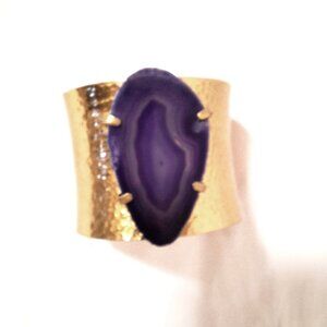 CGI CN Blue Agate Geode Gold Hammered Cuff Bracelet 7"